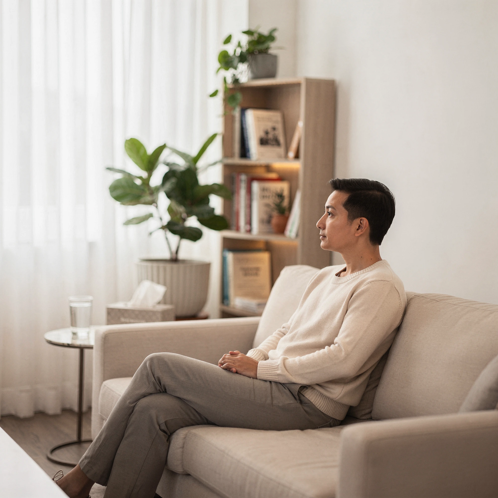 Man sitting on a couch in a calm, bright office with plants and bookshelves